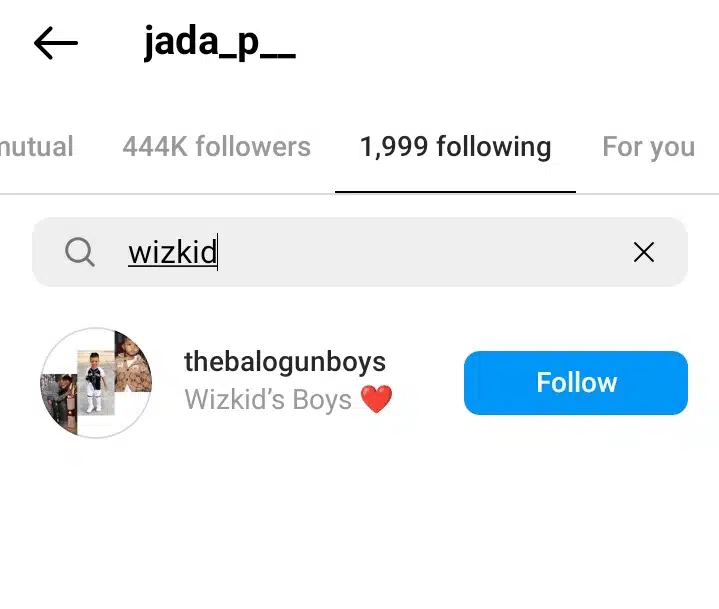Jada P Unfollows Wizkid on Instagram